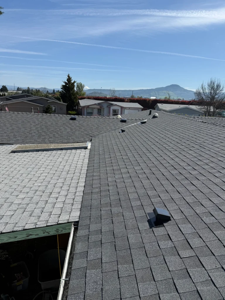 Shingle roof and roof-edge board beside a recessed patio