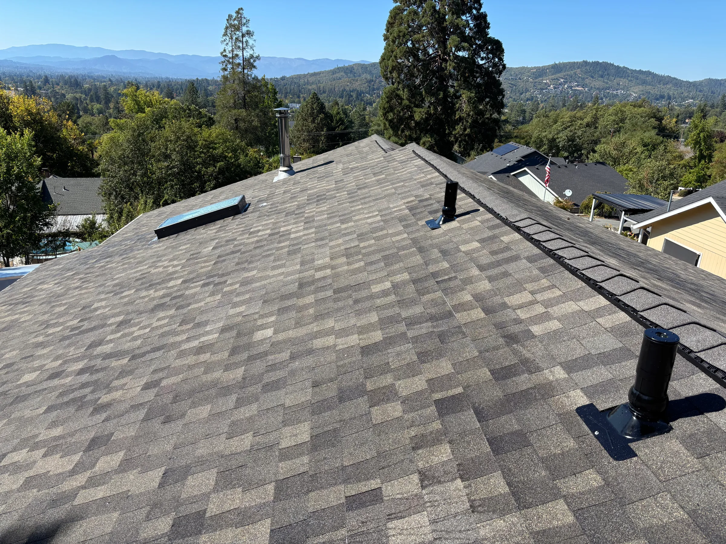 Residential roof with a wooded landscape beyond
